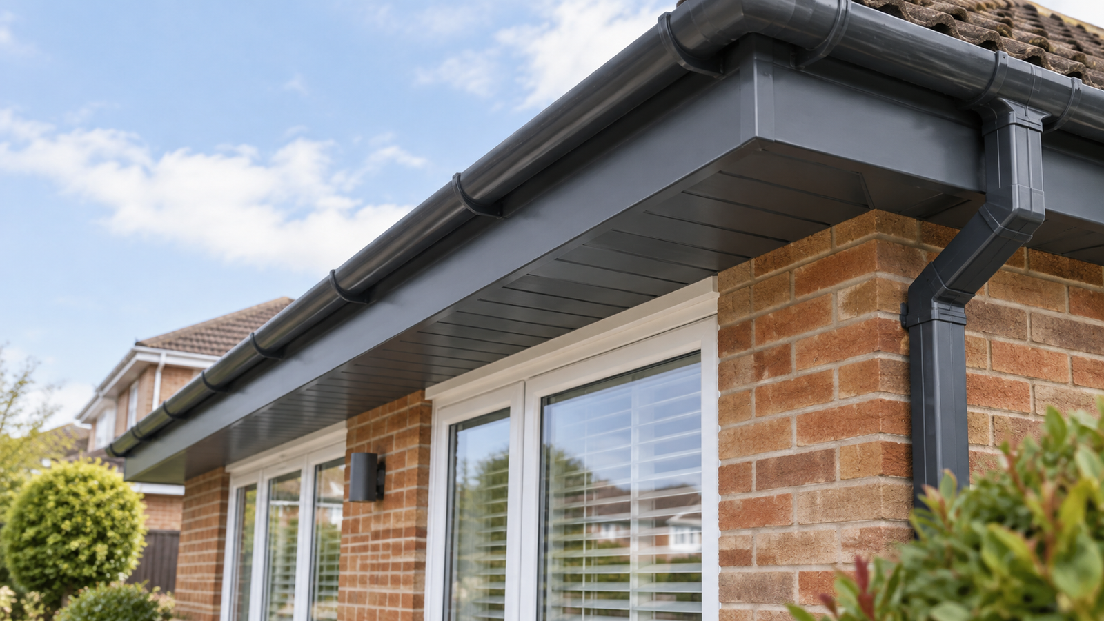 Anthracite grey uPVC fascia and guttering complementing warm brickwork on a modern home.