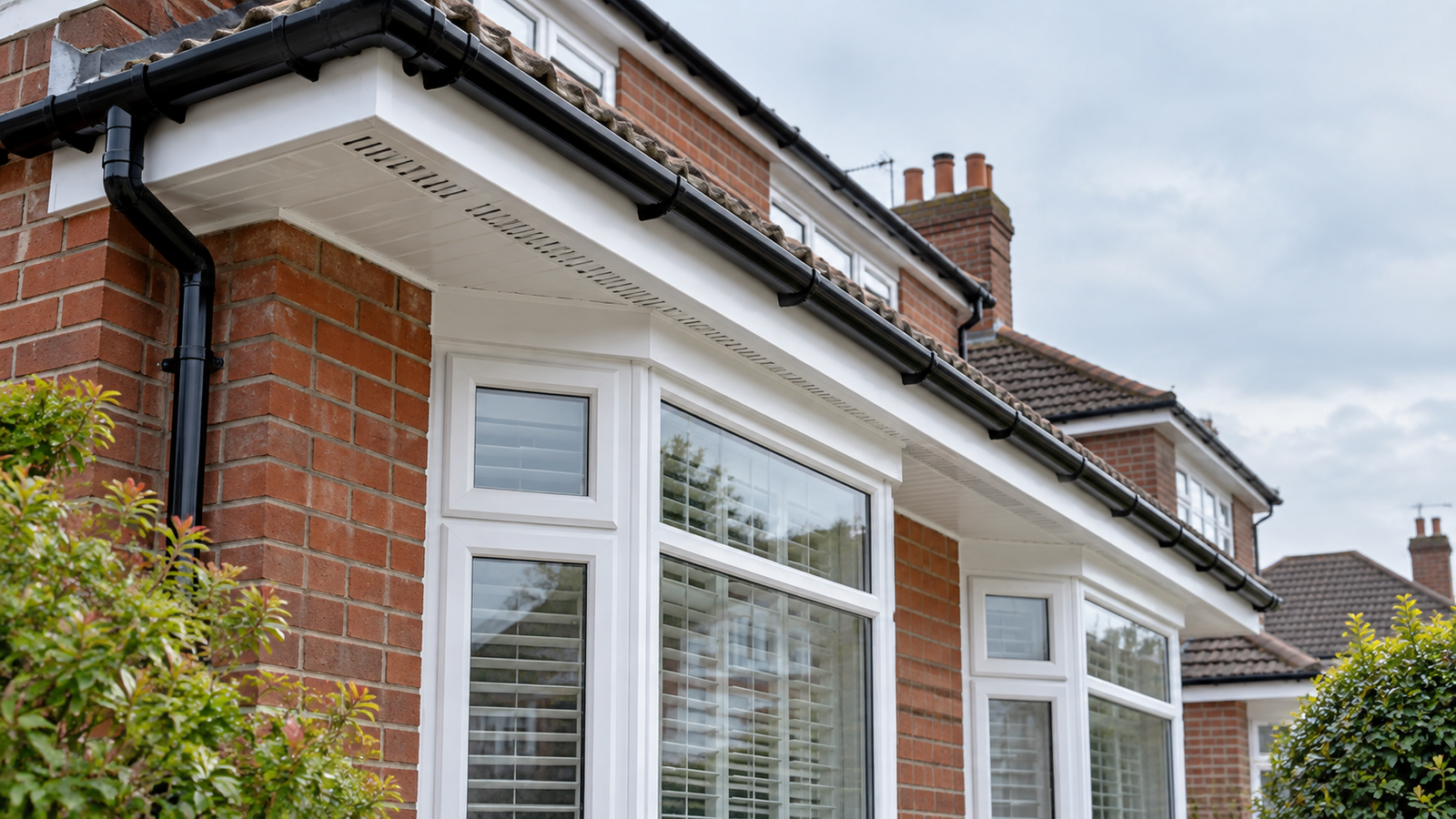 White uPVC fascia and ventilated soffit beneath black guttering on a red-brick Portsmouth home.