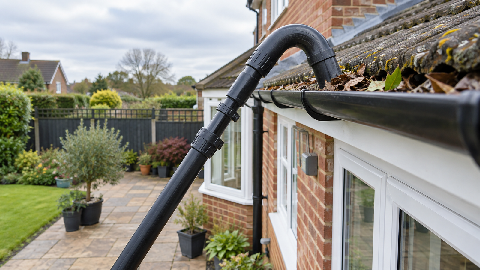 A telescopic gutter-vac pole reaching a domestic gutter from ground level.