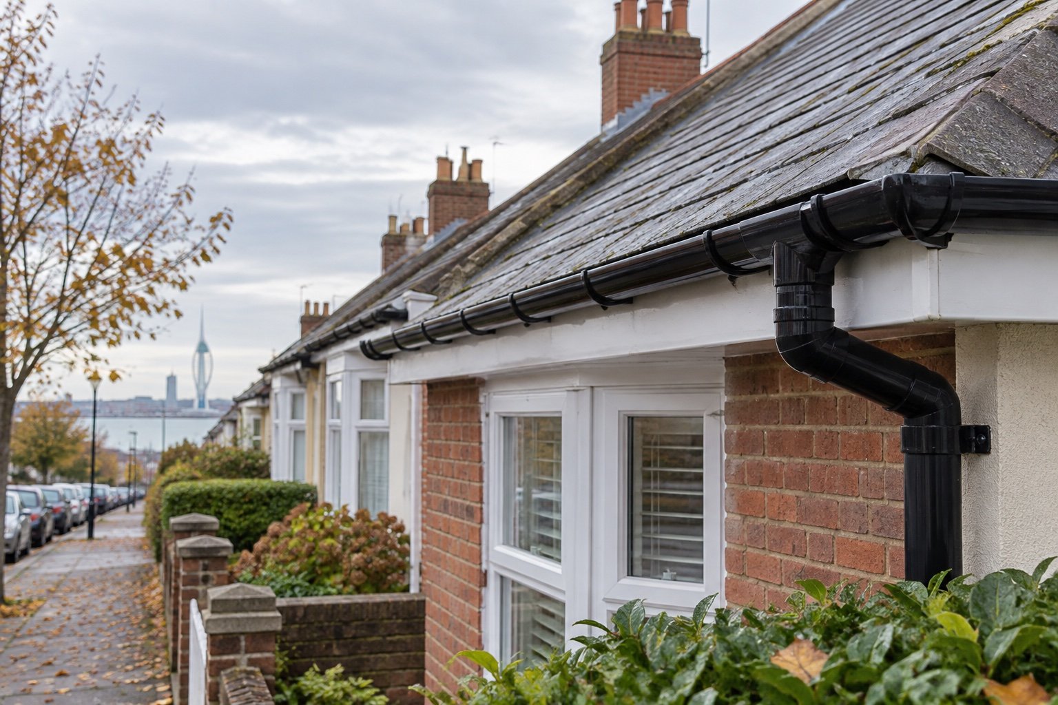 Late-autumn roofline and guttering on a Portsmouth terrace