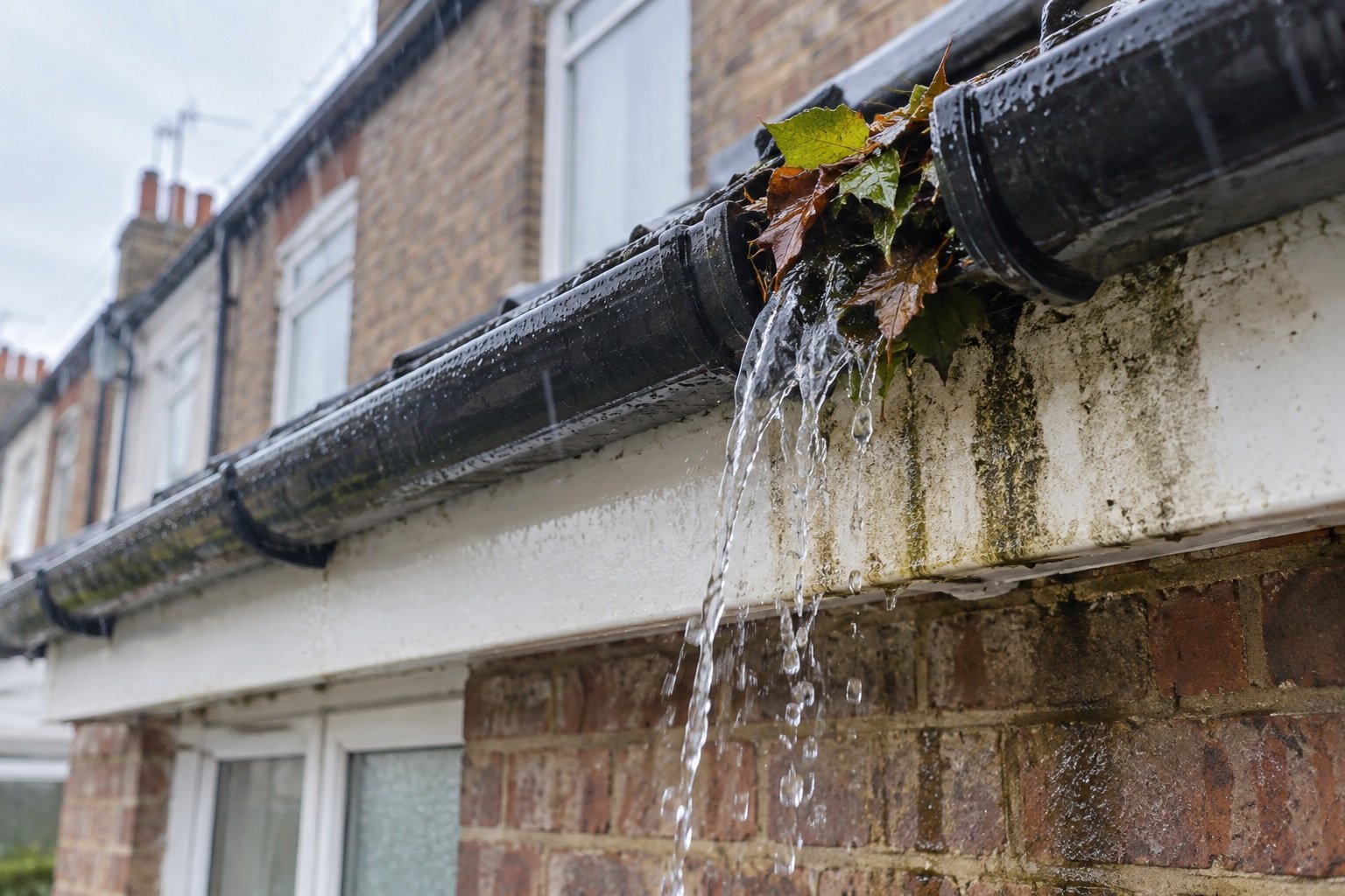 Rainwater overflowing from a leaf-blocked gutter beside stained fascia