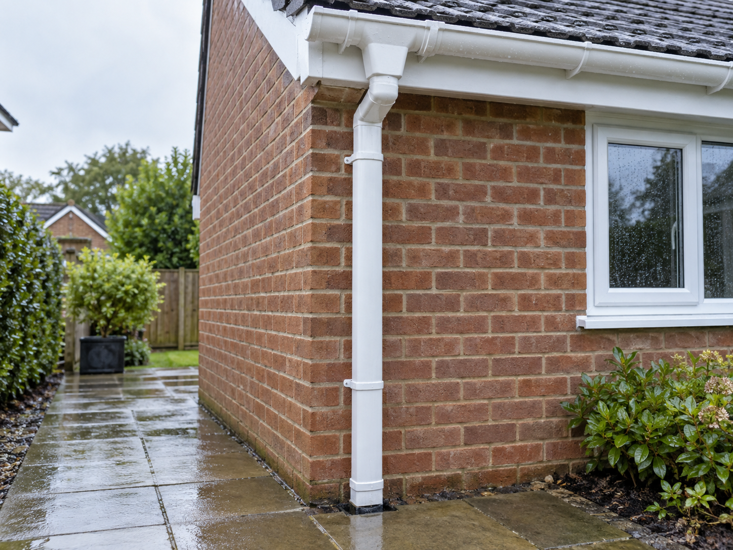 White gutter outlet and downpipe carrying rainwater down a brick house corner