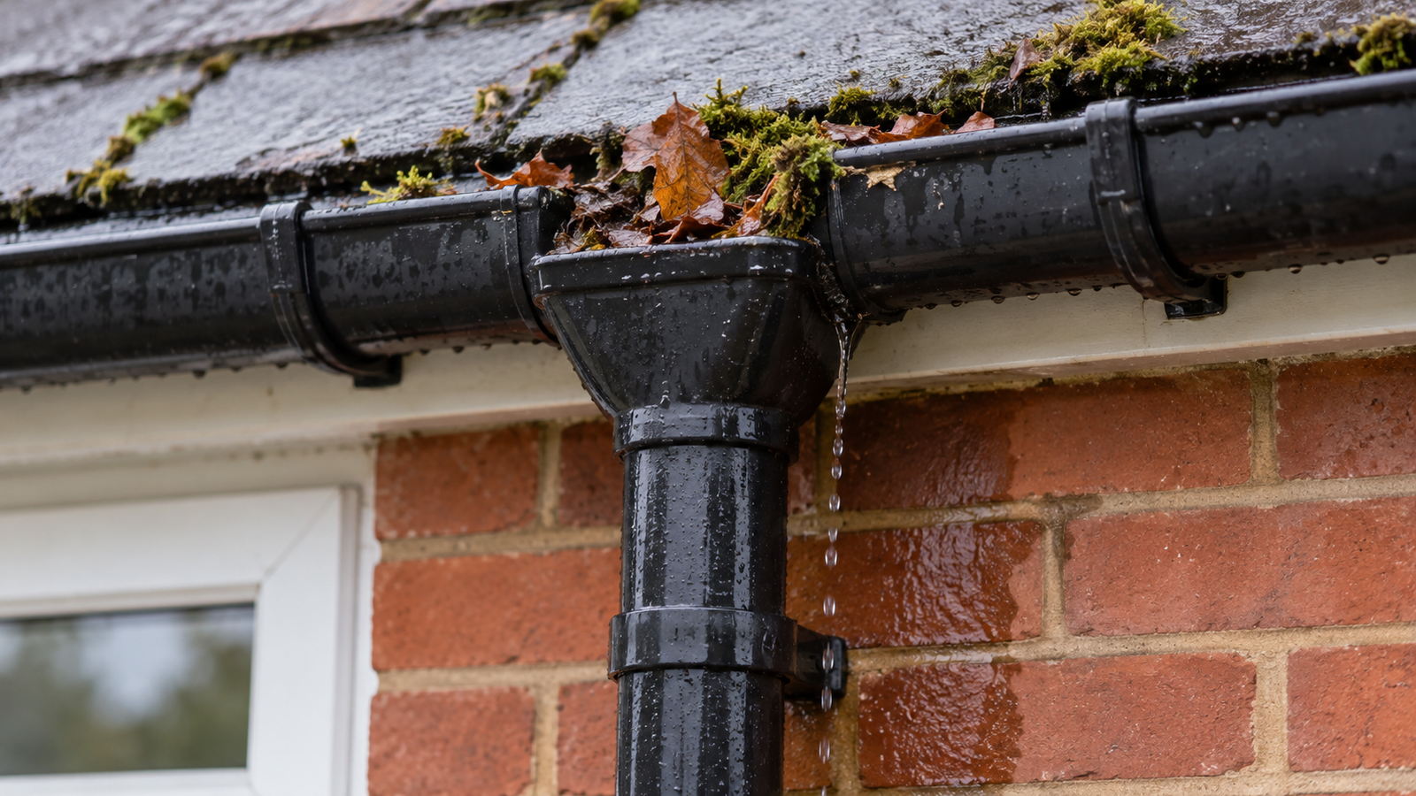 Wet leaves and moss gathering near a gutter outlet above a downpipe on a brick home.