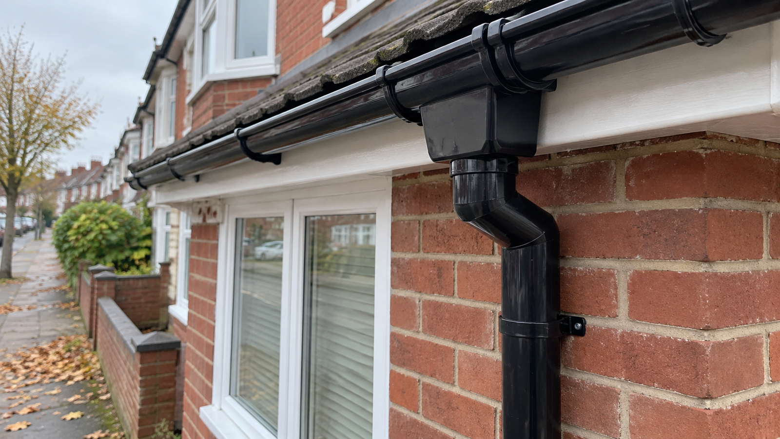Clean dark gutter and downpipe on a red-brick Portsmouth terrace after clearance.