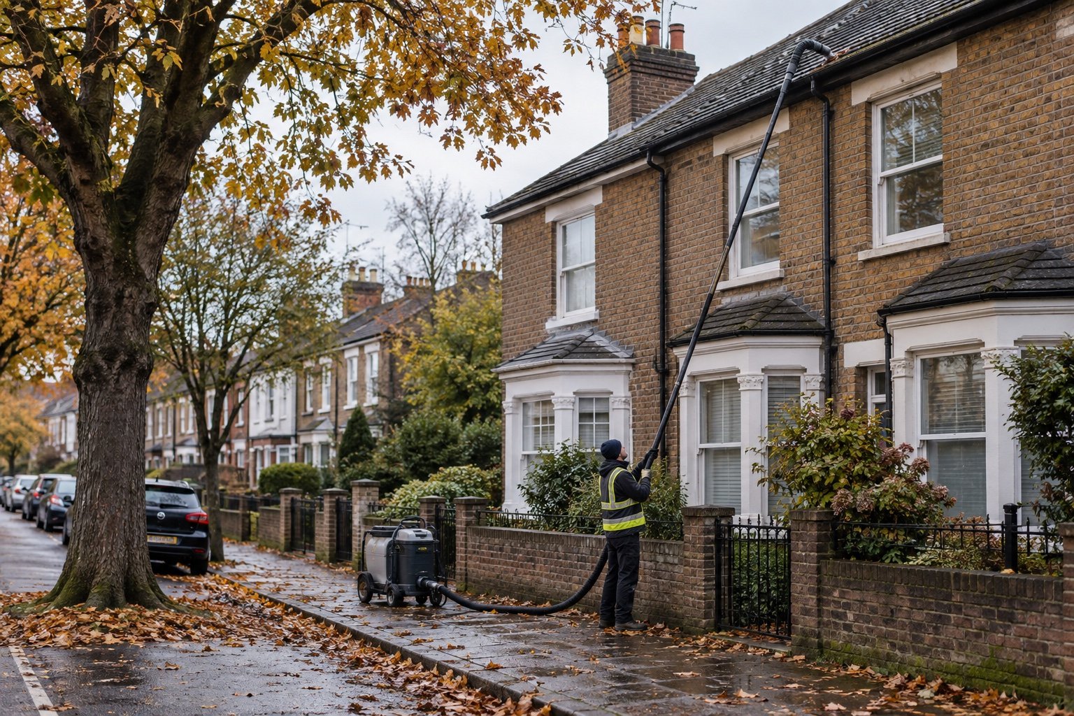 Ground-based gutter vacuum clearing autumn leaves from a Portsmouth terrace