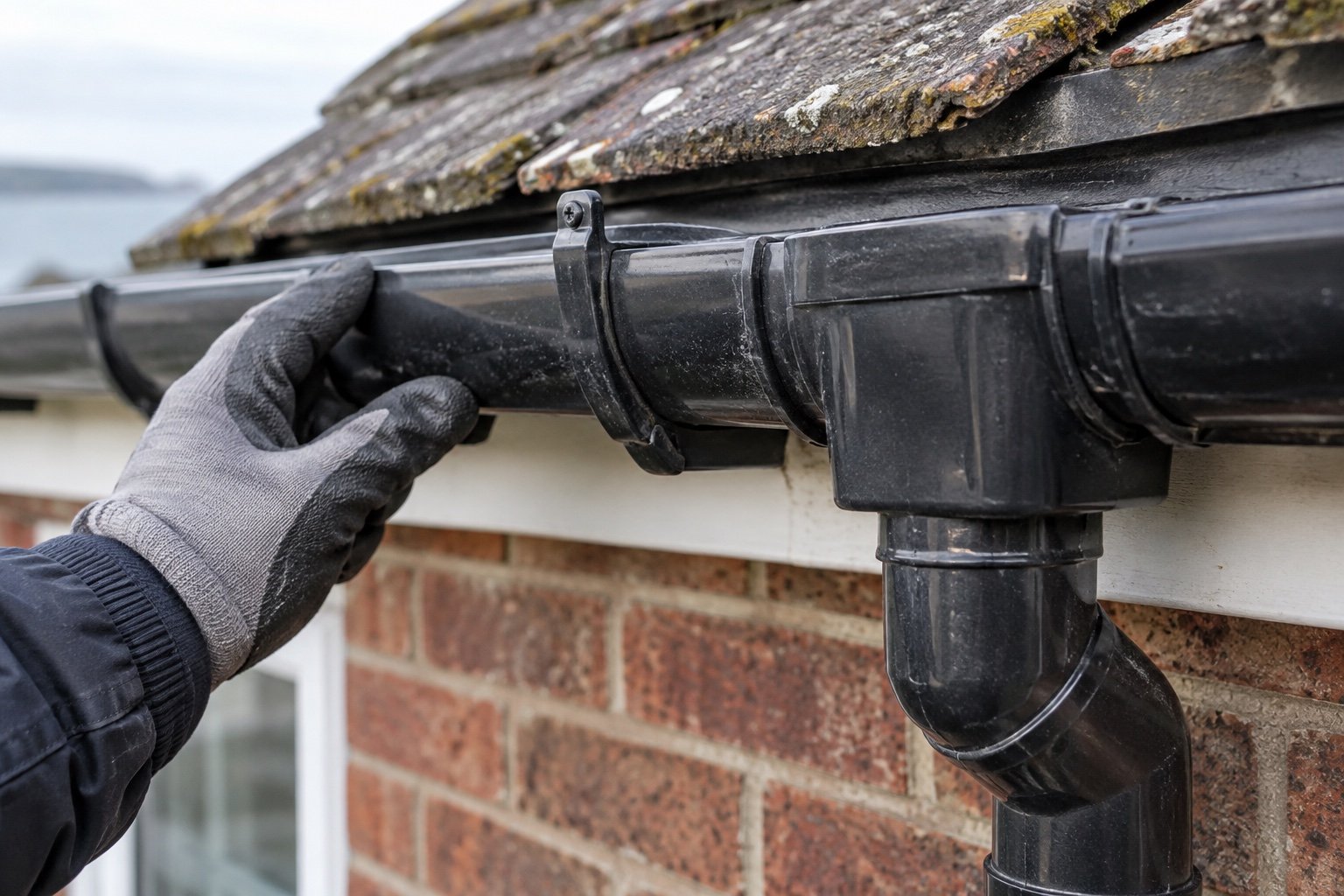 Gutter joint, bracket and downpipe connection being checked