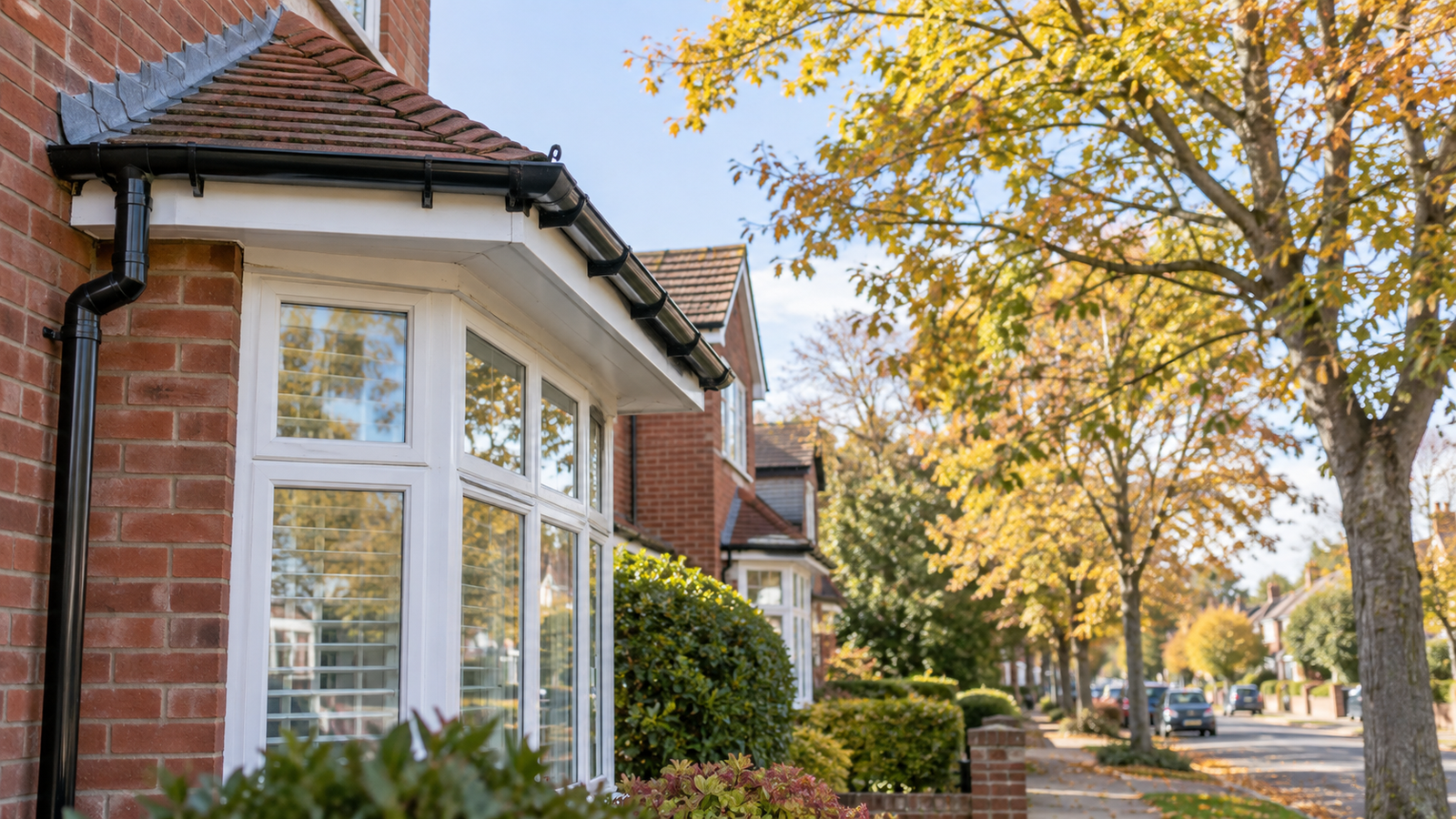 Clear guttering on a Portsmouth home beside deciduous trees in early autumn.
