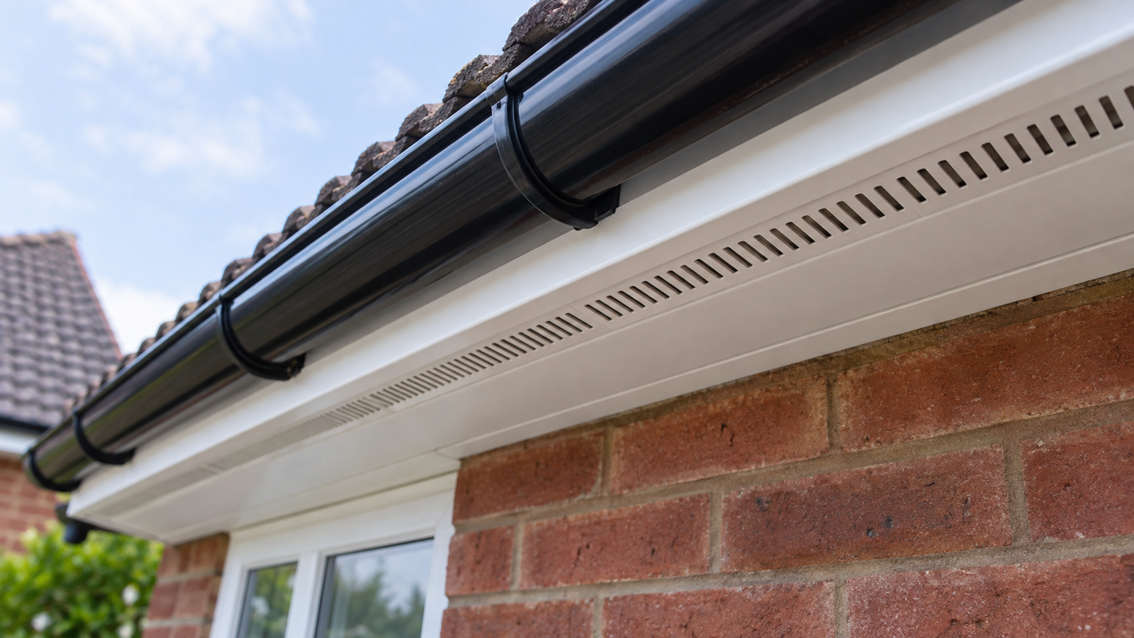 Close view of ventilation slots in a white uPVC soffit beneath black guttering.