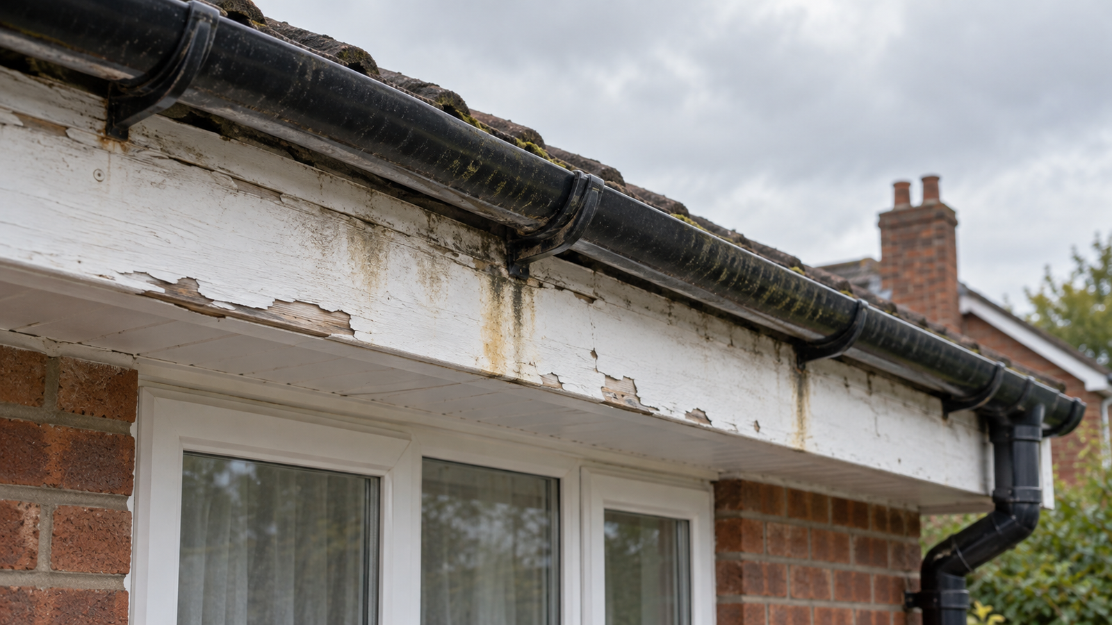 Weathered painted timber fascia with peeling paint and staining beside a slightly sagging gutter.