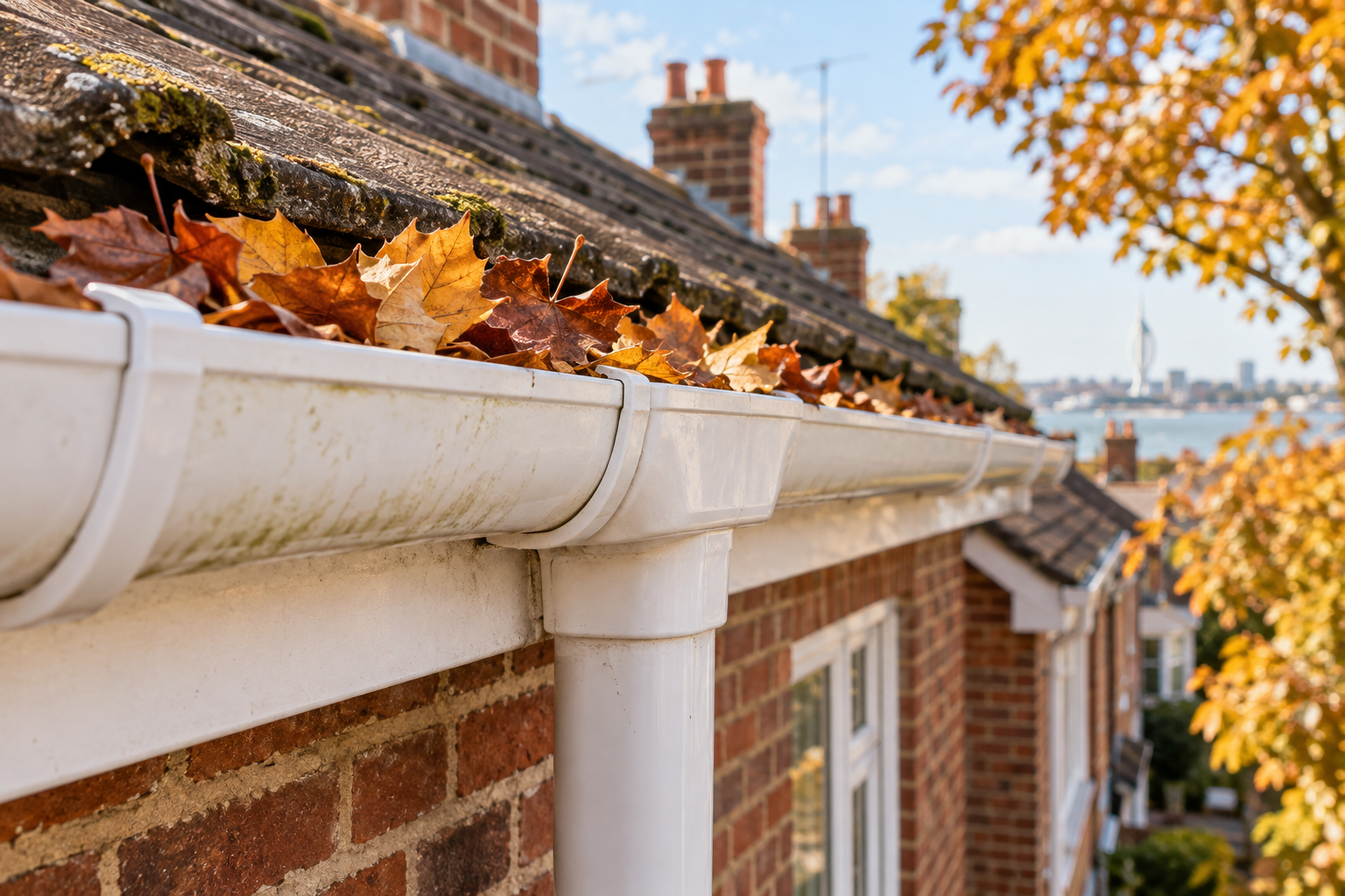 Dry autumn leaves gathered in a white gutter near a roof outlet on a Portsmouth terrace